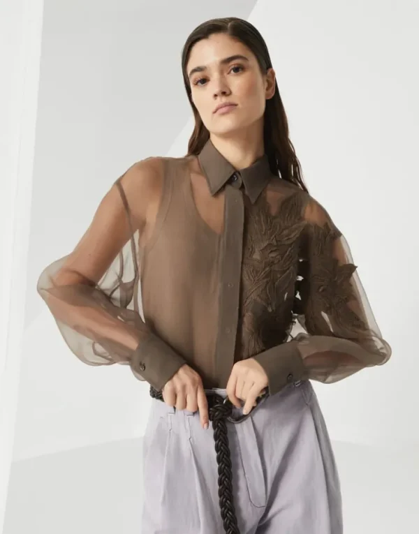 Brunello Cucinelli Bluse aus Crispy-Seide mit Herbarium Appliqué | Damen Hemden