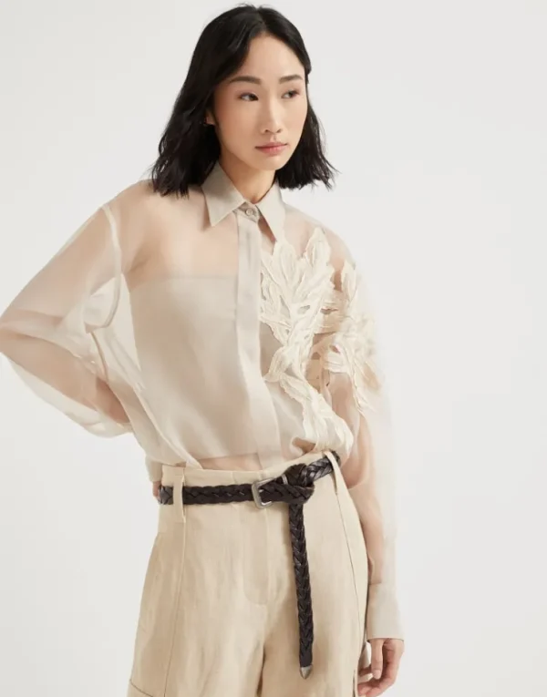 Brunello Cucinelli Bluse aus Crispy-Seide mit Herbarium Appliqué | Damen Hemden