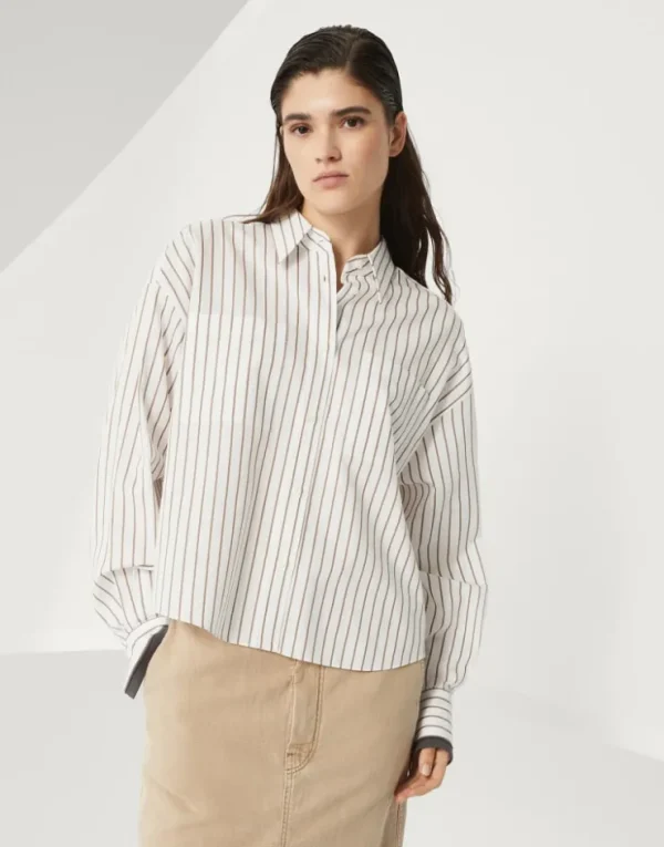 Brunello Cucinelli Bluse aus gestreiftem Baumwolltwill mit Shiny Cuffs | Damen Hemden