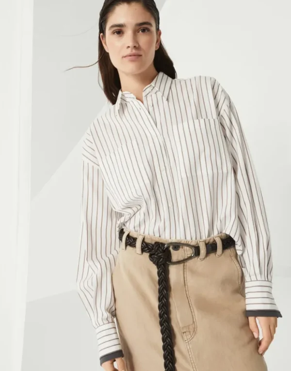 Brunello Cucinelli Bluse aus gestreiftem Baumwolltwill mit Shiny Cuffs | Damen Hemden