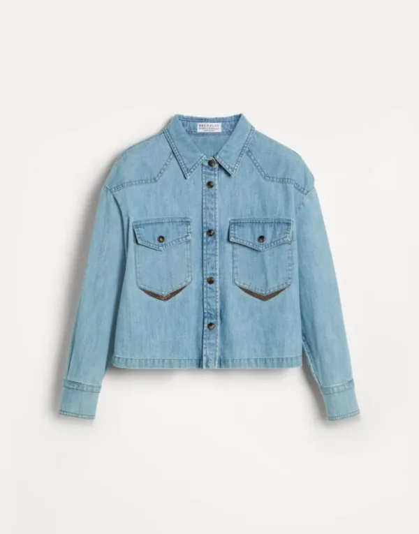 Brunello Cucinelli Bluse aus leichtem Denim mit Monili | Kinder T-shirts & Hemden