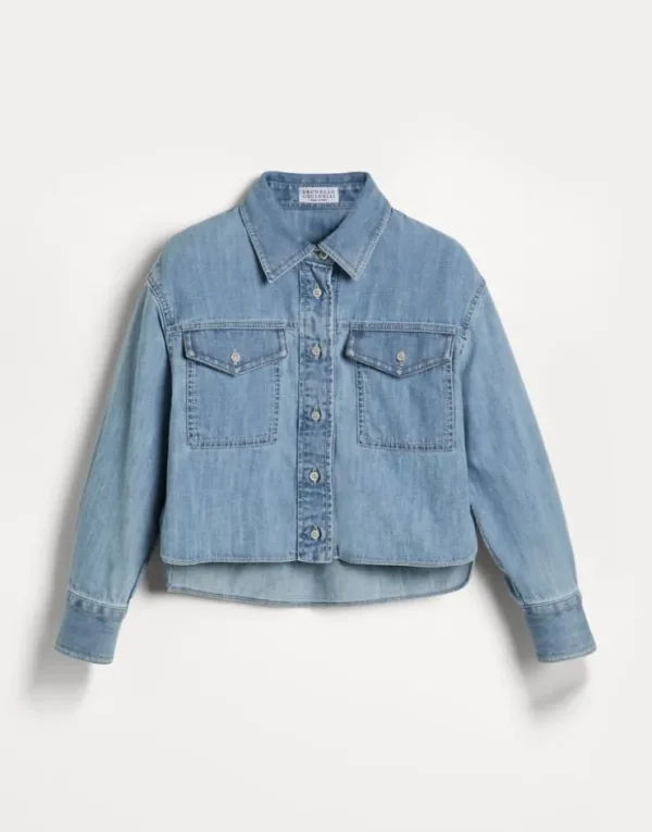 Brunello Cucinelli Bluse aus leichtem Denim mit Monili | Kinder T-shirts & Hemden