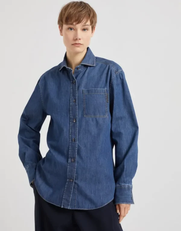 Brunello Cucinelli Bluse aus leichtem Denim mit Shiny Tab | Damen Hemden