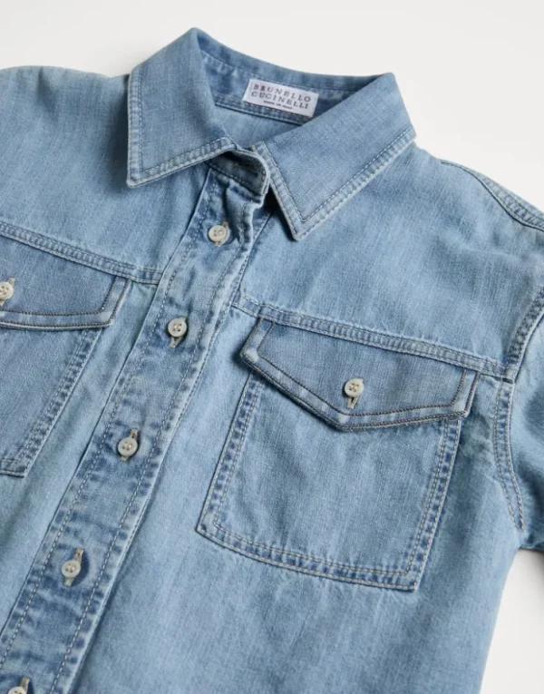 Brunello Cucinelli Bluse aus leichtem Denim mit Monili | Kinder T-shirts & Hemden