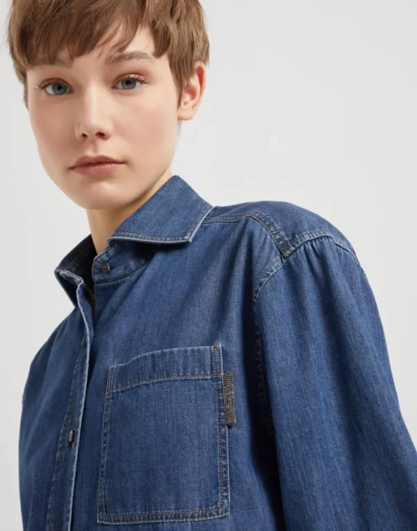 Brunello Cucinelli Bluse aus leichtem Denim mit Shiny Tab | Damen Hemden