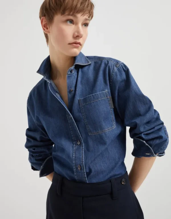 Brunello Cucinelli Bluse aus leichtem Denim mit Shiny Tab | Damen Hemden