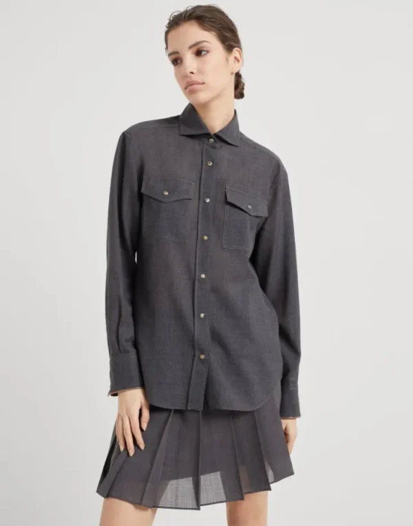 Brunello Cucinelli Bluse aus Schurwollorganza mit Shiny Cuffs | Damen Hemden