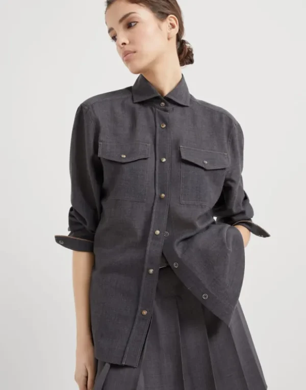 Brunello Cucinelli Bluse aus Schurwollorganza mit Shiny Cuffs | Damen Hemden