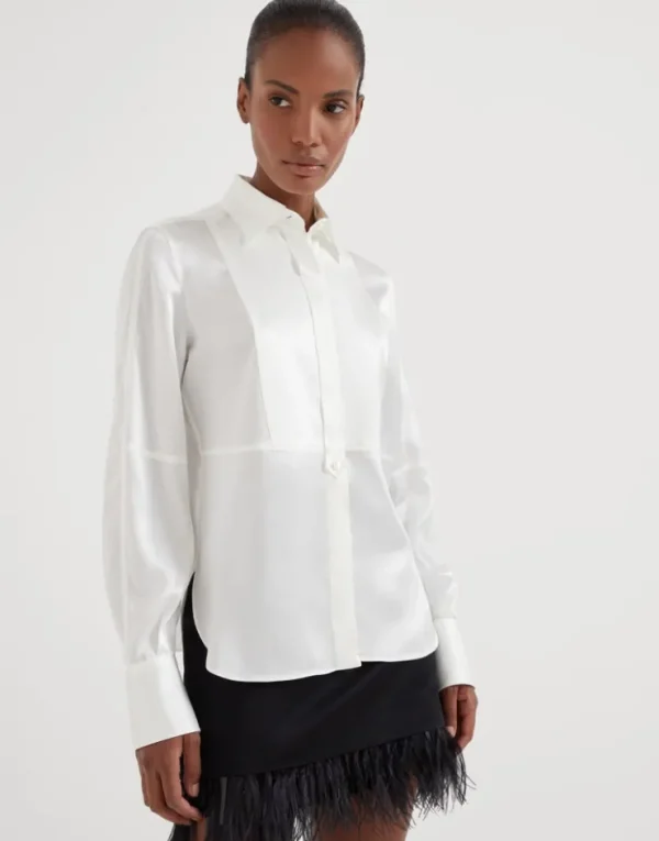 Brunello Cucinelli Bluse aus Seidensatin mit Stretch mit Monili | Damen Hemden