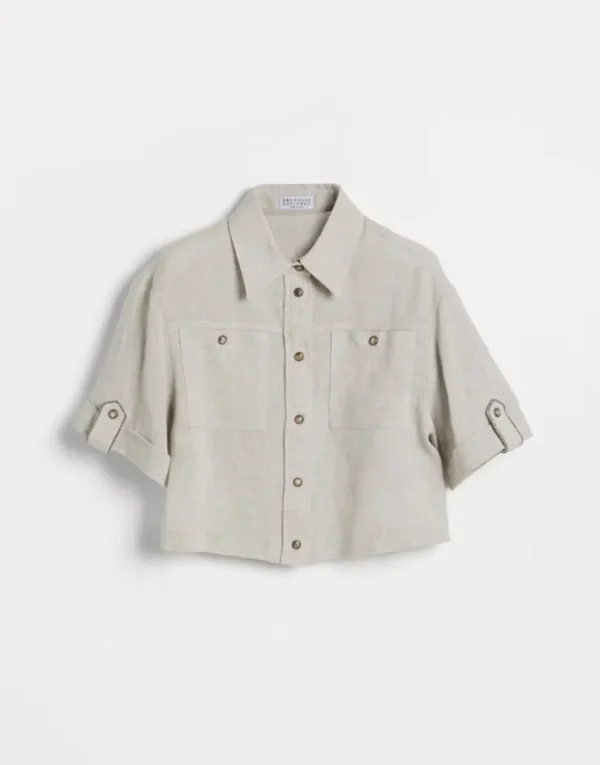 Brunello Cucinelli Bluse aus Sparkling-Leinencanvas mit Monili | Kinder T-shirts & Hemden