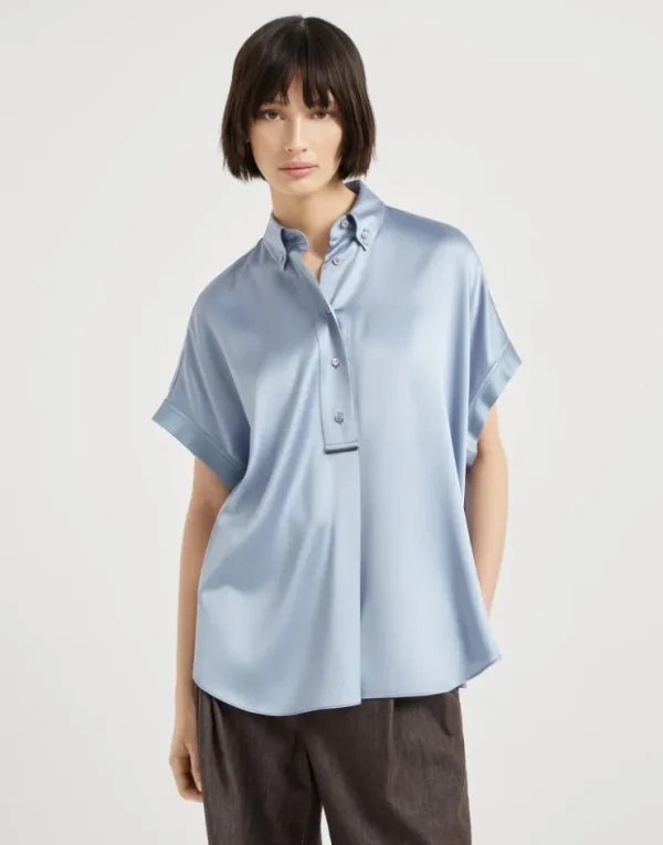 Brunello Cucinelli Bluse mit kurzen Ärmeln aus Stretch-Seidensatin mit Monili | Damen Hemden