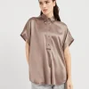 Brunello Cucinelli Bluse mit kurzen Ärmeln aus Stretch-Seidensatin mit Monili | Damen Hemden