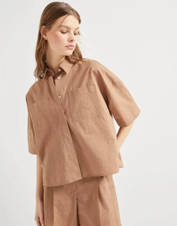 Brunello Cucinelli Bluse mit kurzen Ärmeln aus Baumwollpopeline in Ethnic Jacquard mit Monili | Damen Hemden