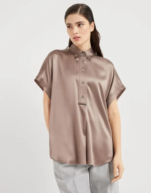 Brunello Cucinelli Bluse mit kurzen Ärmeln aus Stretch-Seidensatin mit Monili | Damen Hemden