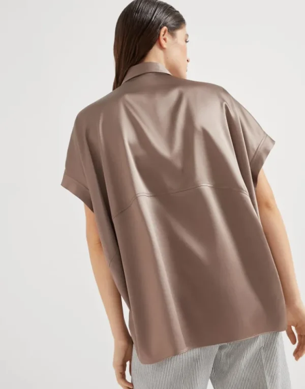 Brunello Cucinelli Bluse mit kurzen Ärmeln aus Stretch-Seidensatin mit Monili | Damen Hemden