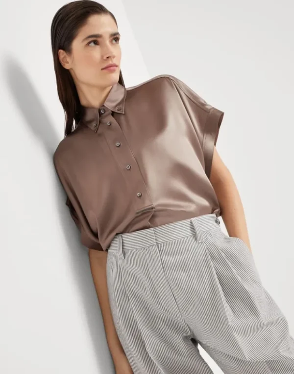 Brunello Cucinelli Bluse mit kurzen Ärmeln aus Stretch-Seidensatin mit Monili | Damen Hemden