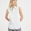 Brunello Cucinelli Bluse ohne Ärmel aus Stretch-Baumwollpopeline mit Shiny Trim | Damen Hemden