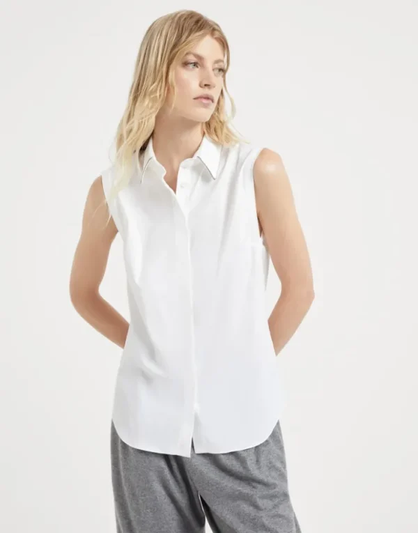 Brunello Cucinelli Bluse ohne Ärmel aus Stretch-Baumwollpopeline mit Shiny Trim | Damen Hemden