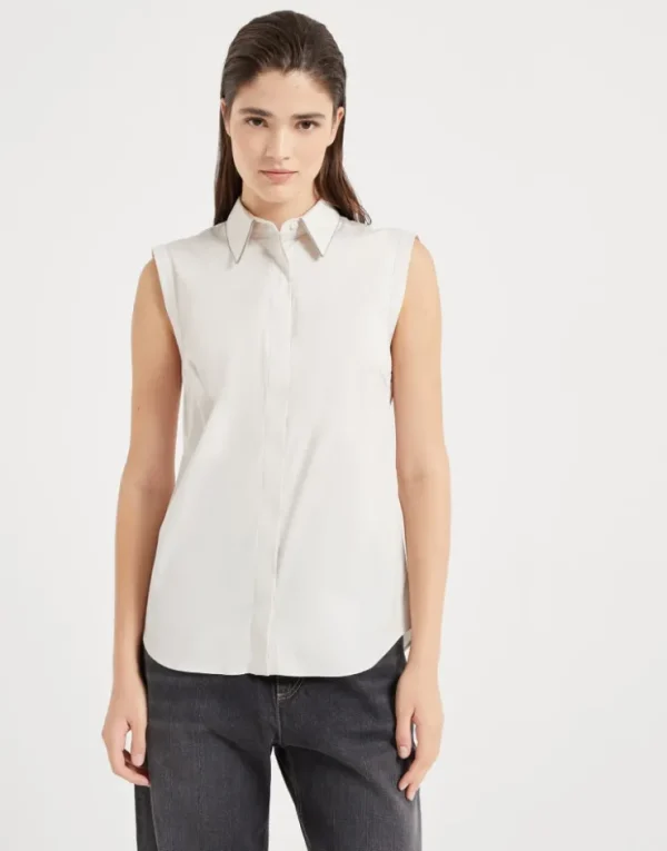 Brunello Cucinelli Bluse ohne Ärmel aus Stretch-Baumwollpopeline mit Shiny Trim | Damen Hemden