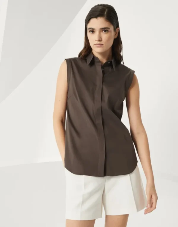 Brunello Cucinelli Bluse ohne Ärmel aus Stretch-Baumwollpopeline mit Shiny Trim | Damen Hemden