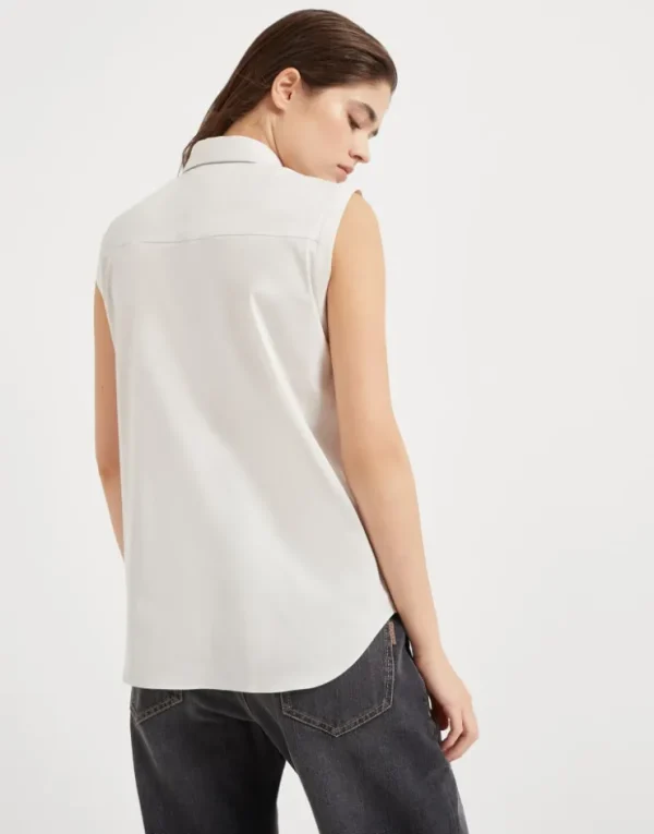 Brunello Cucinelli Bluse ohne Ärmel aus Stretch-Baumwollpopeline mit Shiny Trim | Damen Hemden