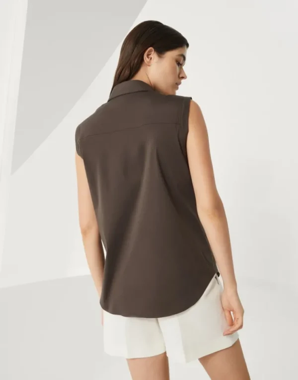 Brunello Cucinelli Bluse ohne Ärmel aus Stretch-Baumwollpopeline mit Shiny Trim | Damen Hemden