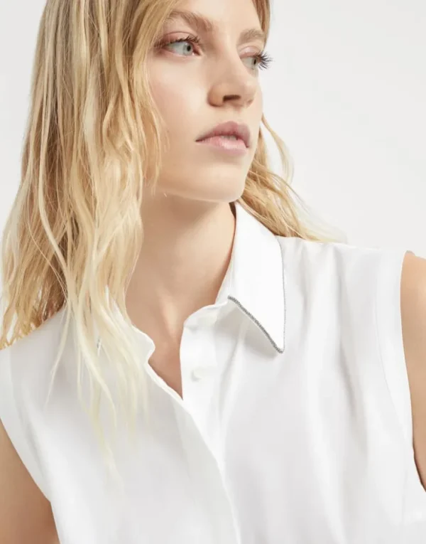 Brunello Cucinelli Bluse ohne Ärmel aus Stretch-Baumwollpopeline mit Shiny Trim | Damen Hemden