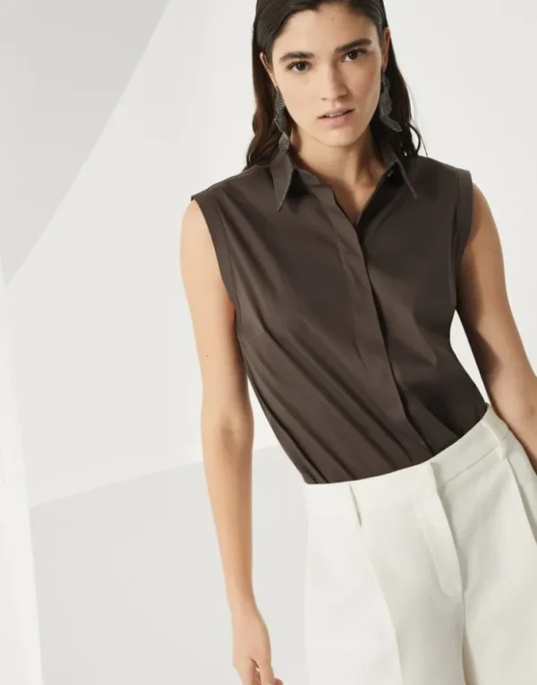 Brunello Cucinelli Bluse ohne Ärmel aus Stretch-Baumwollpopeline mit Shiny Trim | Damen Hemden