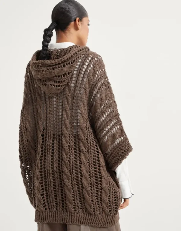 Brunello Cucinelli Cable & Mesh-Cardigan aus Jute und Baumwolle mit Kapuze und Shiny Zipper Pull | Damen Strickwaren