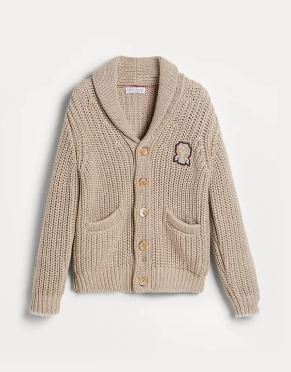 Brunello Cucinelli Cardigan aus Baumwolle in Patentstrick mit Patch | Kinder Strickwaren