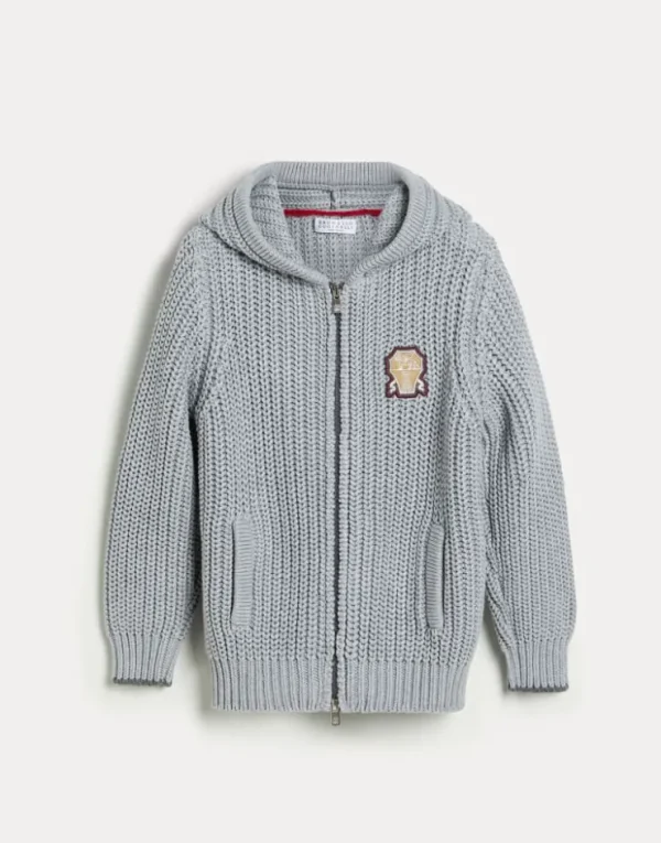 Brunello Cucinelli Cardigan aus Baumwolle in Patentstrick mit Kapuze, Reißverschluss und Patch | Kinder Strickwaren