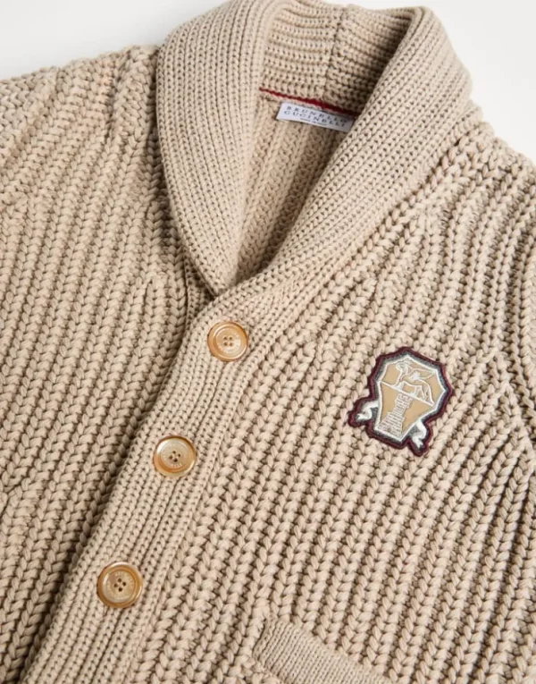 Brunello Cucinelli Cardigan aus Baumwolle in Patentstrick mit Patch | Kinder Strickwaren