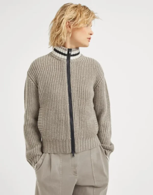 Brunello Cucinelli Cardigan aus Federkaschmir in Patentstrick mit Shiny Trims | Damen Strickwaren