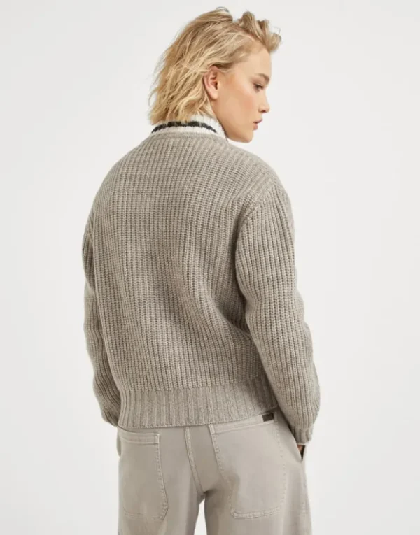 Brunello Cucinelli Cardigan aus Federkaschmir in Patentstrick mit Shiny Trims | Damen Strickwaren