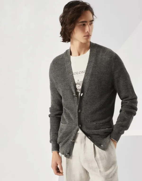 Brunello Cucinelli Cardigan aus Leinen und Baumwolle in Halbpatentstrick mit Metallknöpfen | Herren Strickwaren