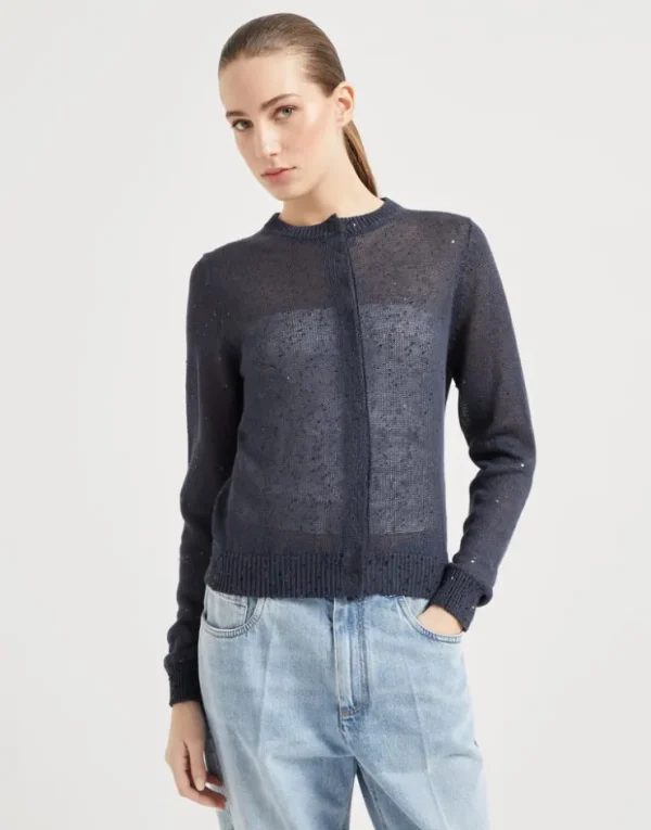 Brunello Cucinelli Cardigan aus Leinen und Diamant-Seide mit Monili | Damen Strickwaren