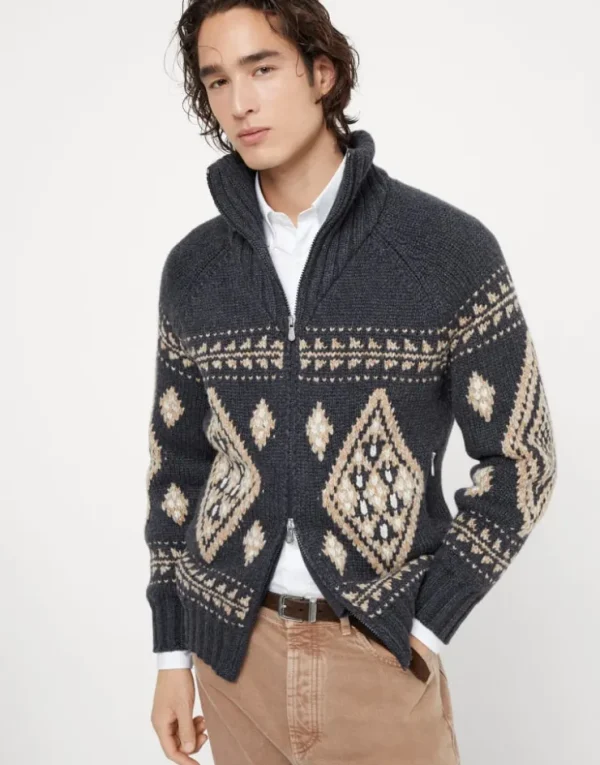 Brunello Cucinelli Cardigan in Geometric Jacquard aus Federkaschmir mit Reißverschluss | Herren Strickwaren