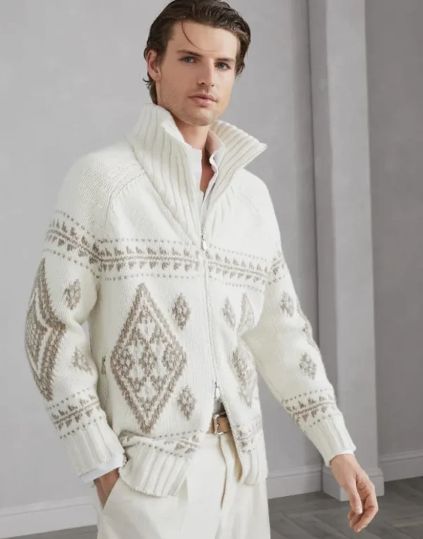 Brunello Cucinelli Cardigan in Geometric Jacquard aus Federkaschmir mit Reißverschluss | Herren Strickwaren