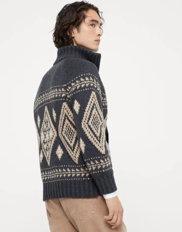 Brunello Cucinelli Cardigan in Geometric Jacquard aus Federkaschmir mit Reißverschluss | Herren Strickwaren