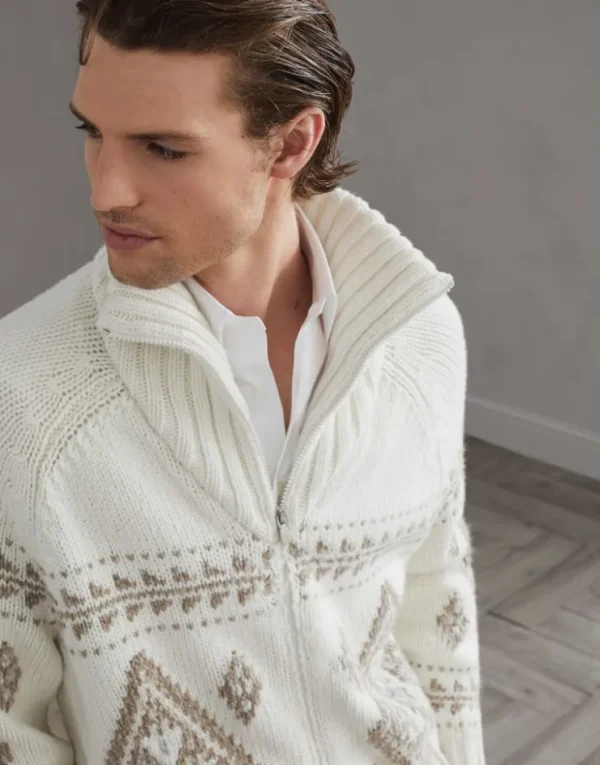 Brunello Cucinelli Cardigan in Geometric Jacquard aus Federkaschmir mit Reißverschluss | Herren Strickwaren