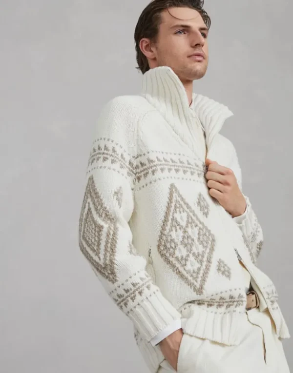 Brunello Cucinelli Cardigan in Geometric Jacquard aus Federkaschmir mit Reißverschluss | Herren Strickwaren