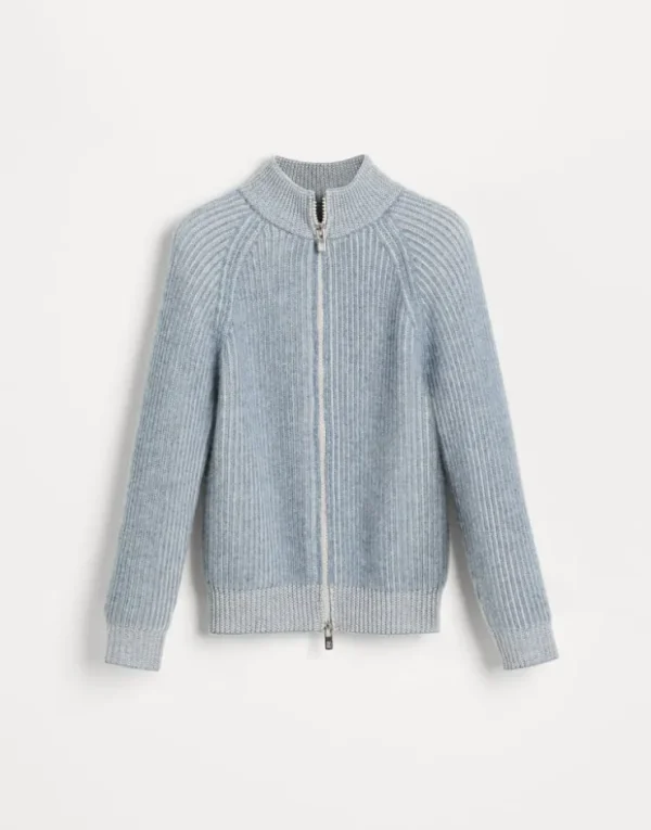 Brunello Cucinelli Cardigan in Patentstrick aus Kaschmir-Vanisé mit hohem Kragen und Reißverschluss | Kinder Strickwaren