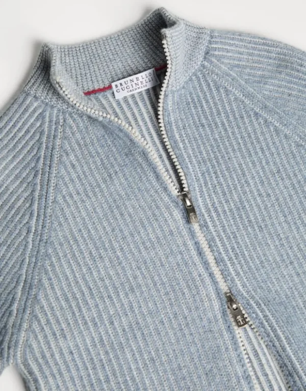 Brunello Cucinelli Cardigan in Patentstrick aus Kaschmir-Vanisé mit hohem Kragen und Reißverschluss | Kinder Strickwaren