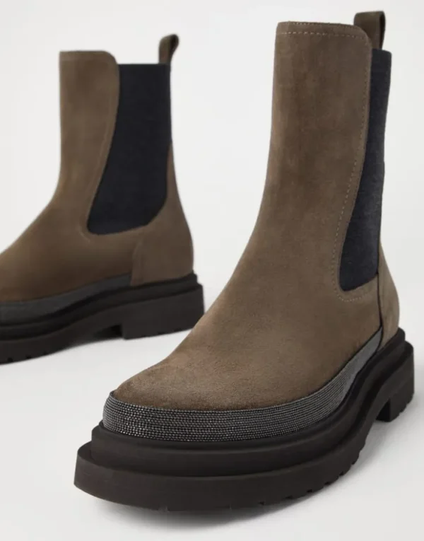 Brunello Cucinelli Chelsea-Boots aus Veloursleder mit Precious Contour | Damen Stiefel