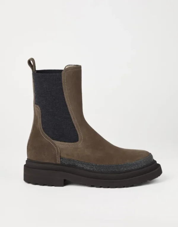 Brunello Cucinelli Chelsea-Boots aus Veloursleder mit Precious Contour | Damen Stiefel