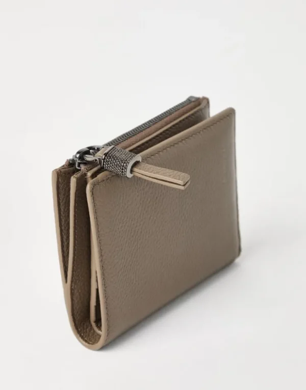 Brunello Cucinelli Compact-Portemonnaie aus genarbtem Leder mit Shiny Zipper Pull | Damen Kleinleder