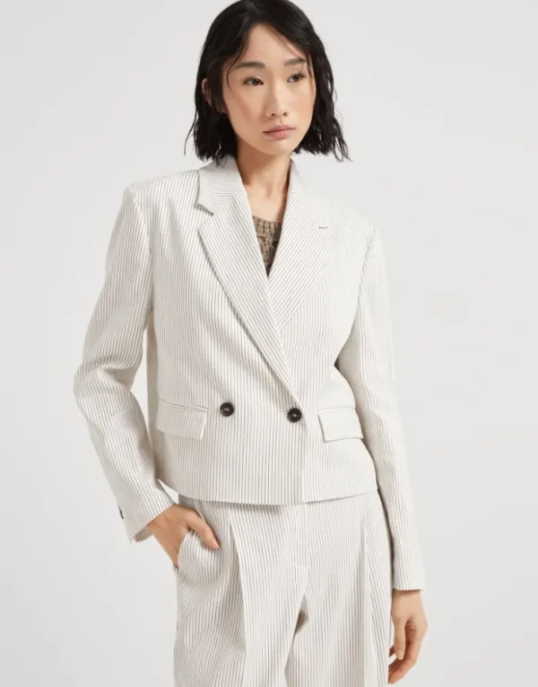 Brunello Cucinelli Crop-Blazer aus Nadelstreifen-Twill in Leinen und Comfort-Baumwolle mit Monili | Damen Blazer