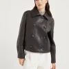 Brunello Cucinelli Crop-Cabanjacke aus Glanzleder mit Monili | Damen Mäntel & Jacken