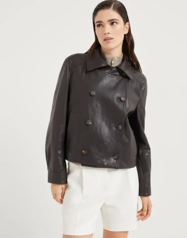 Brunello Cucinelli Crop-Cabanjacke aus Glanzleder mit Monili | Damen Mäntel & Jacken