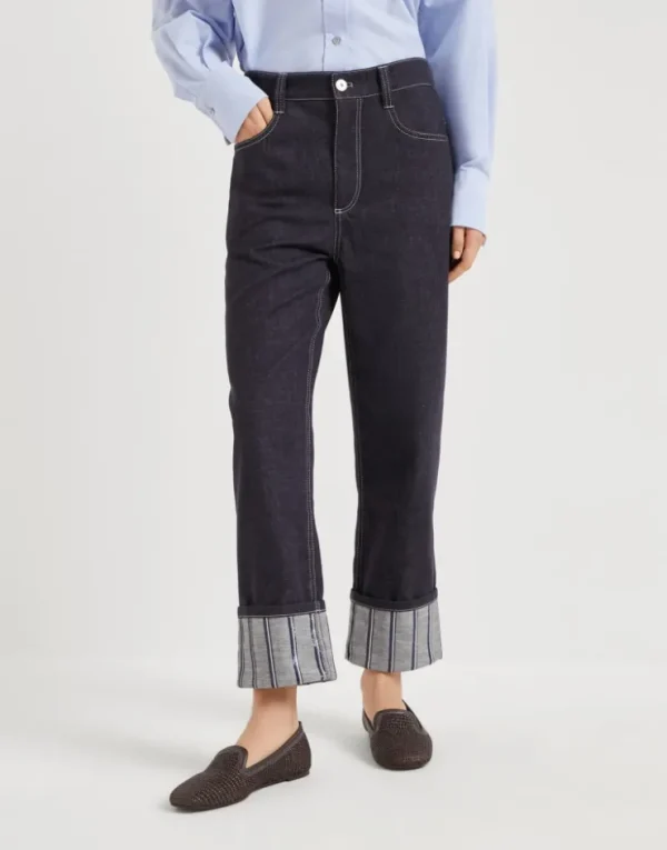 Brunello Cucinelli Crop-Hose aus No-Fade-Denim mit Dazzling Regimental Embroidery | Damen Denim